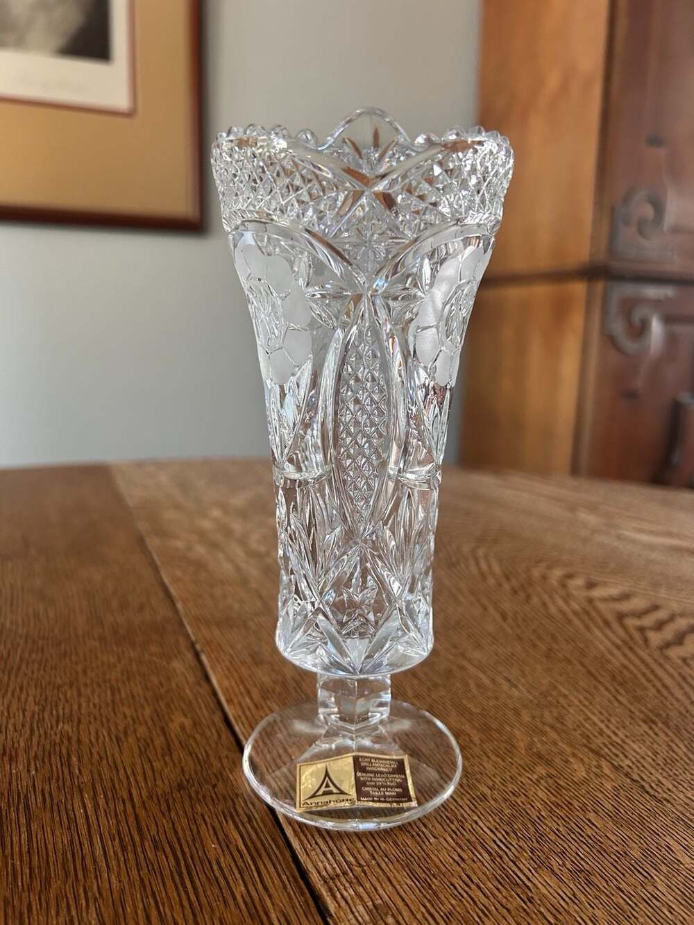 Anna Hutte Crystal Vase Footed Cut Glass Floral Sawtooth Edge Vintage